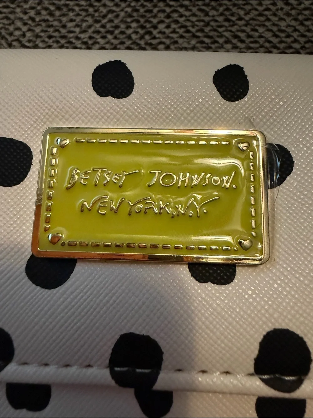Betsey Johnson Cream Wallet Black Polka Dots and Gold Plated Neon Green Plaque